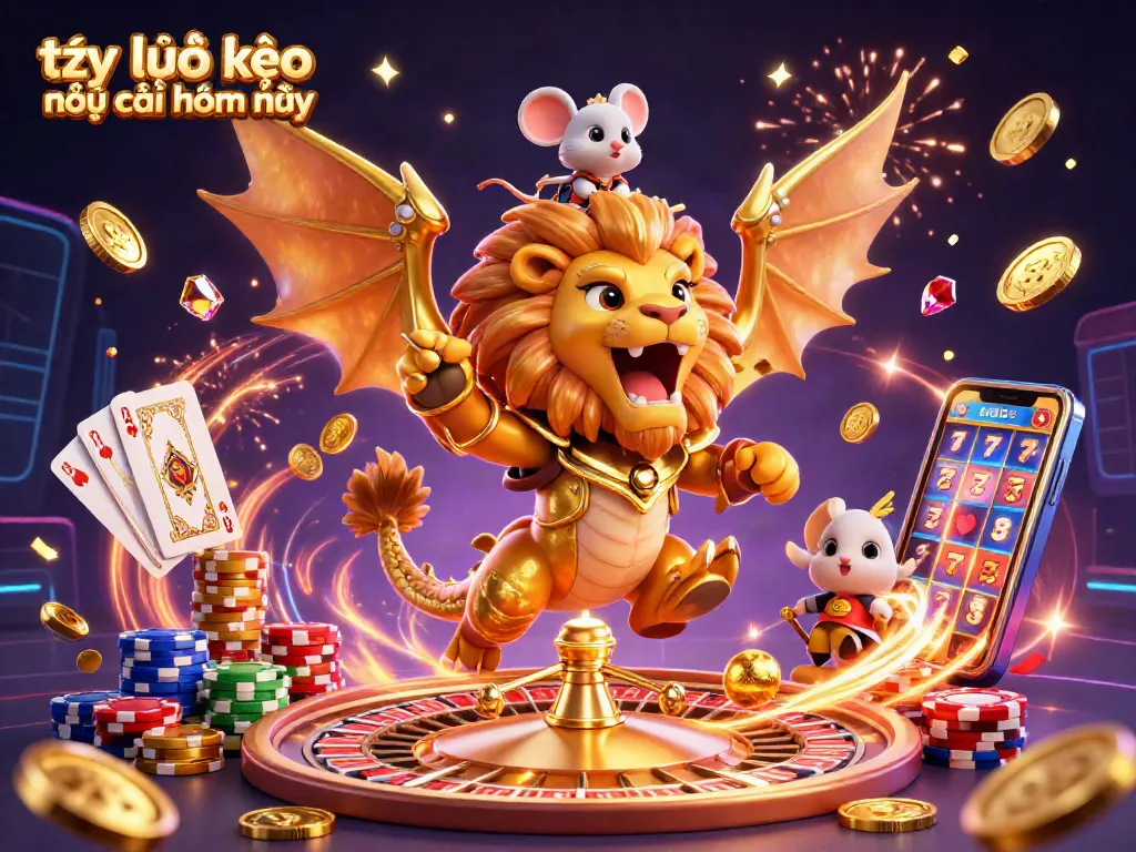Bet on thắng with tỷ lệ kèo nhà cái hôm nay, featuring a dynamic scene of a roaring chimera with rich gambling elements.
