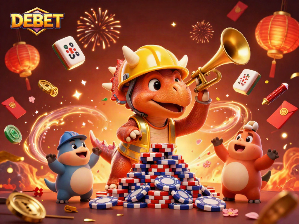 Celebrate with DEBET at the casino, featuring an entertaining dinosaur-themed poker scene.