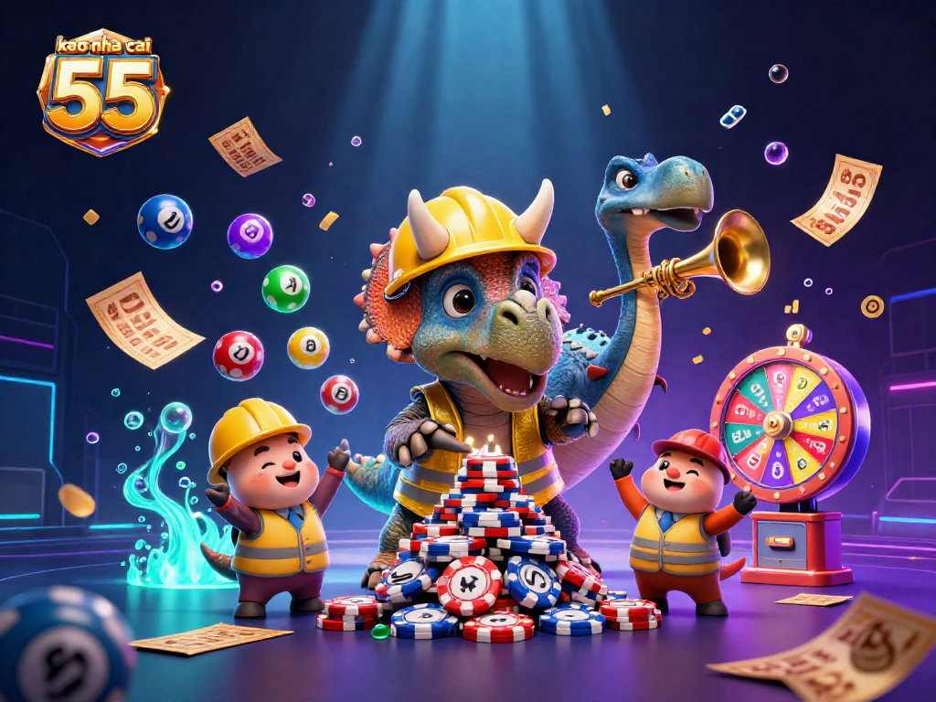 Join the excitement at keo nha cai 55 as the triceratops builds a poker chip pyramid amidst lottery fun.
