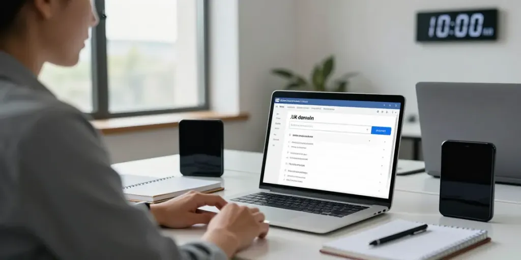 Buy .uk domain registration scene in a modern office with a professional checking availability on a laptop.