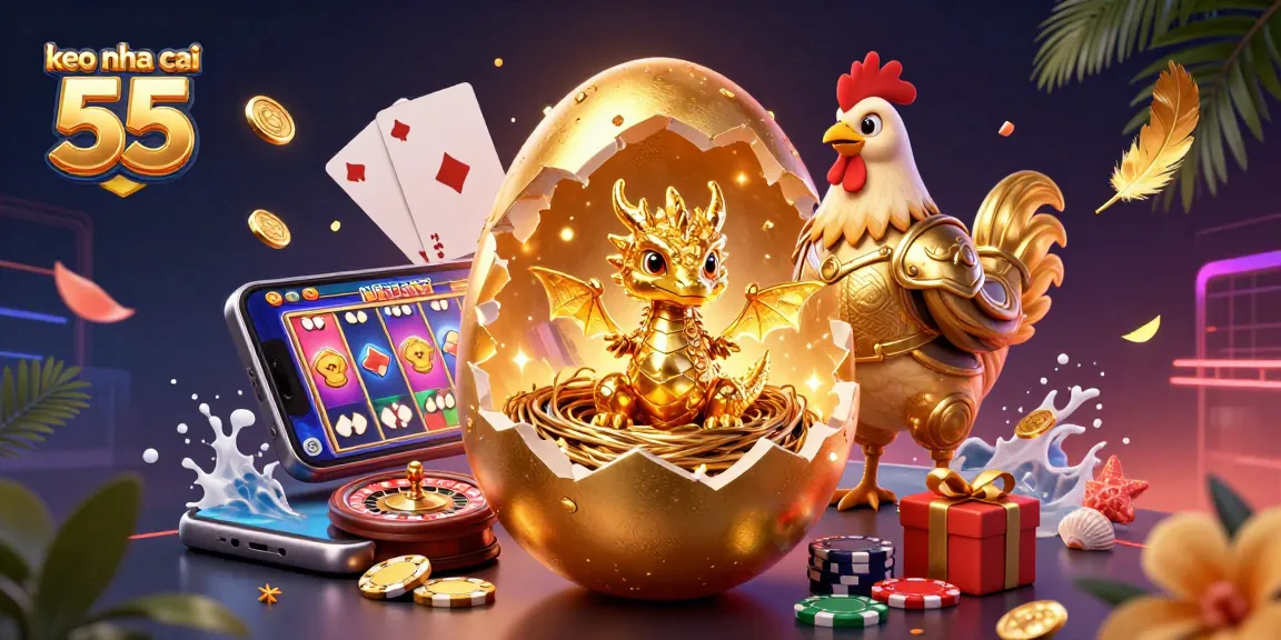 Experience keo nha cai 55 with a vibrant 3D illustration of a golden dragon emerging amidst casino elements.