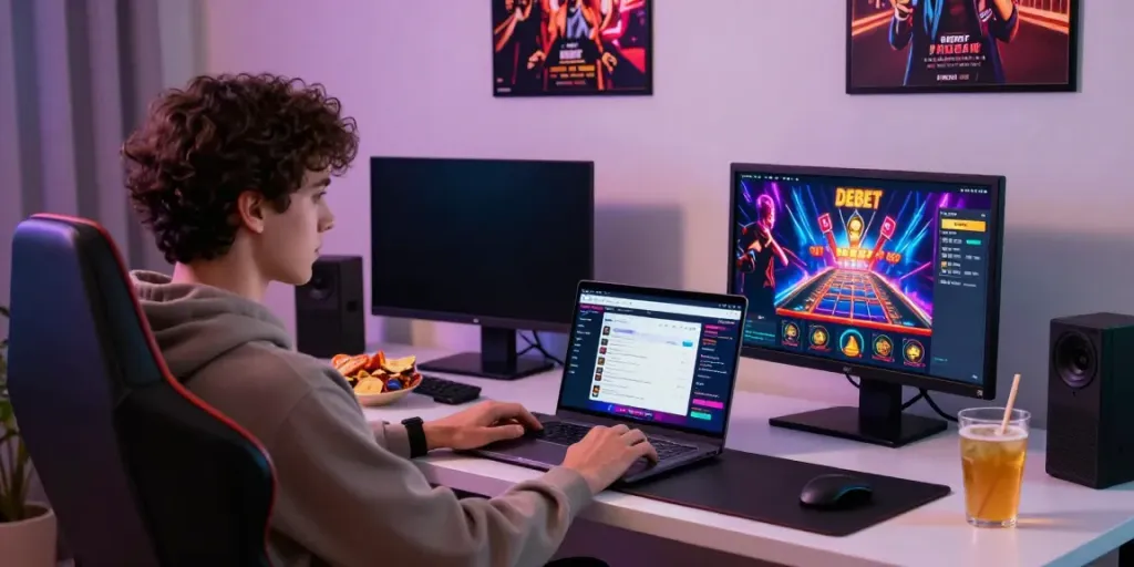 Engaging gaming scene with user exploring the DEBET platform on a laptop, showcasing a colorful interface and a lively atmosphere.