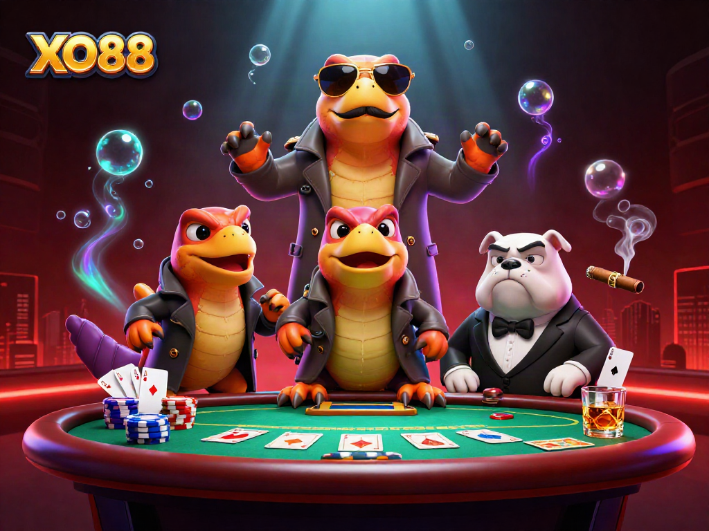 Experience XO88 gaming fun as cartoon raptors sneak into a VIP casino lounge.
