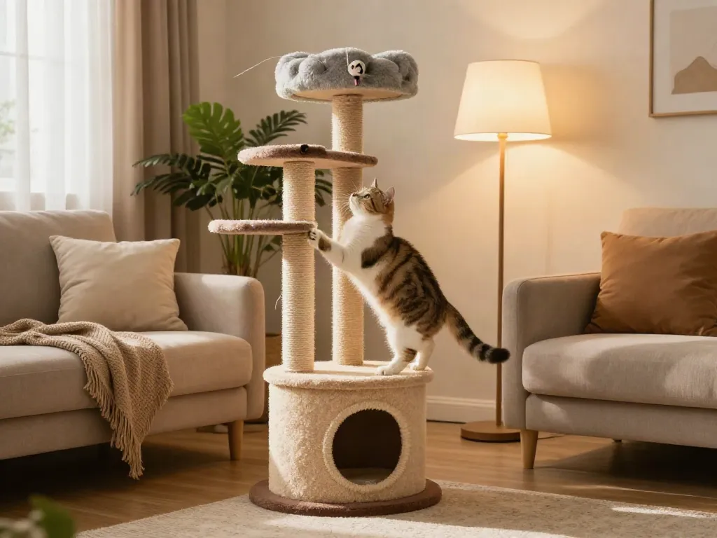 Cat tower with playful cat in a warm living room setting, showcasing comfy home decor.