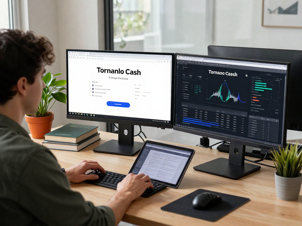 Working on tornardocash in a modern workspace with dual monitors displaying crypto analytics.