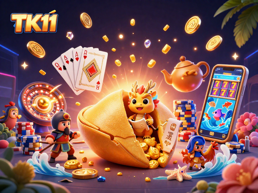 Experience thrilling moments at TK11 with captivating casino games and dynamic visuals in this 3D illustration.