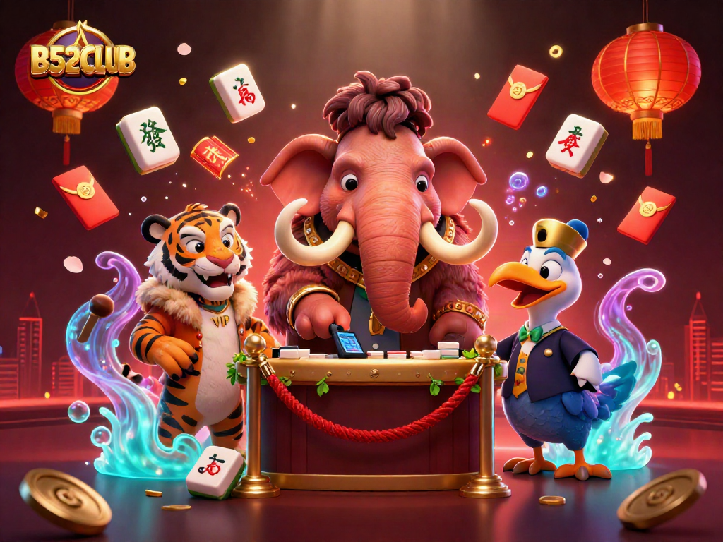 Immerse in the vibrant B52CLUB scene, where a woolly mammoth bouncer greets guests with a casino flair.