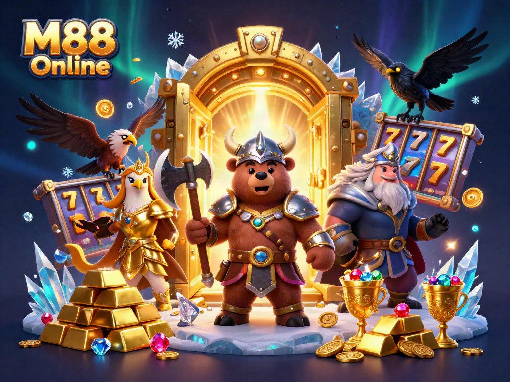 M88 Online captivating scene featuring a Viking bear, Valkyrie eagle, and treasures in a vibrant casino setting