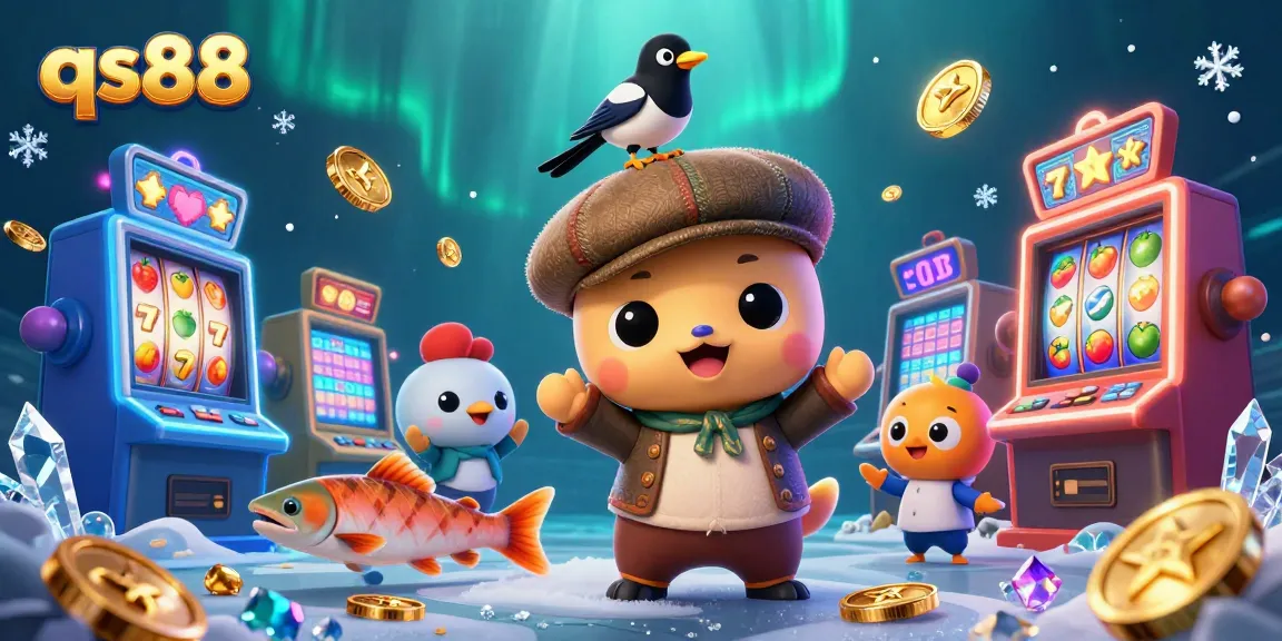 Play slots with qs88 featuring playful characters in a vibrant casino scene.