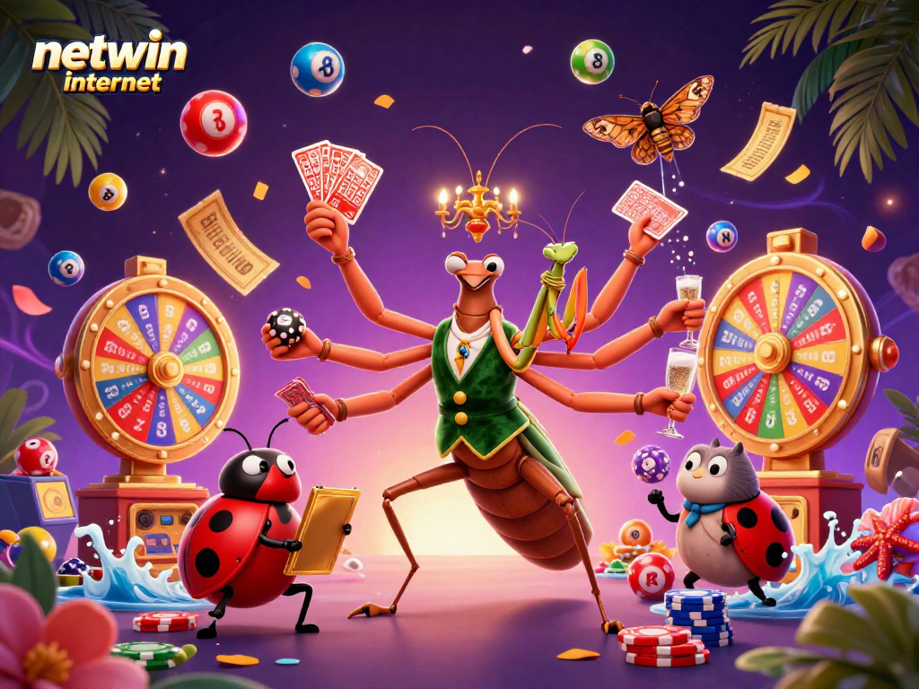 Engage with netwin internet's exciting lottery scene featuring vibrant characters pouring winnings.