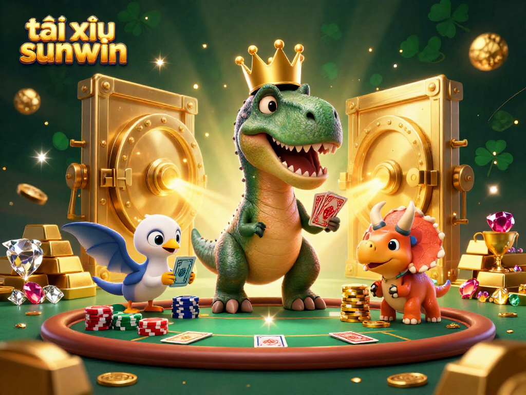 Experience the excitement of tài xỉu sunwin with a vibrant scene featuring playful dinosaurs and casino elements.