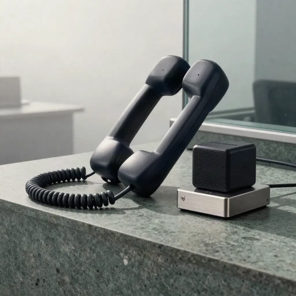 Matte-black office handset, speaker puck and dock on a misty stone plinth at dawn.