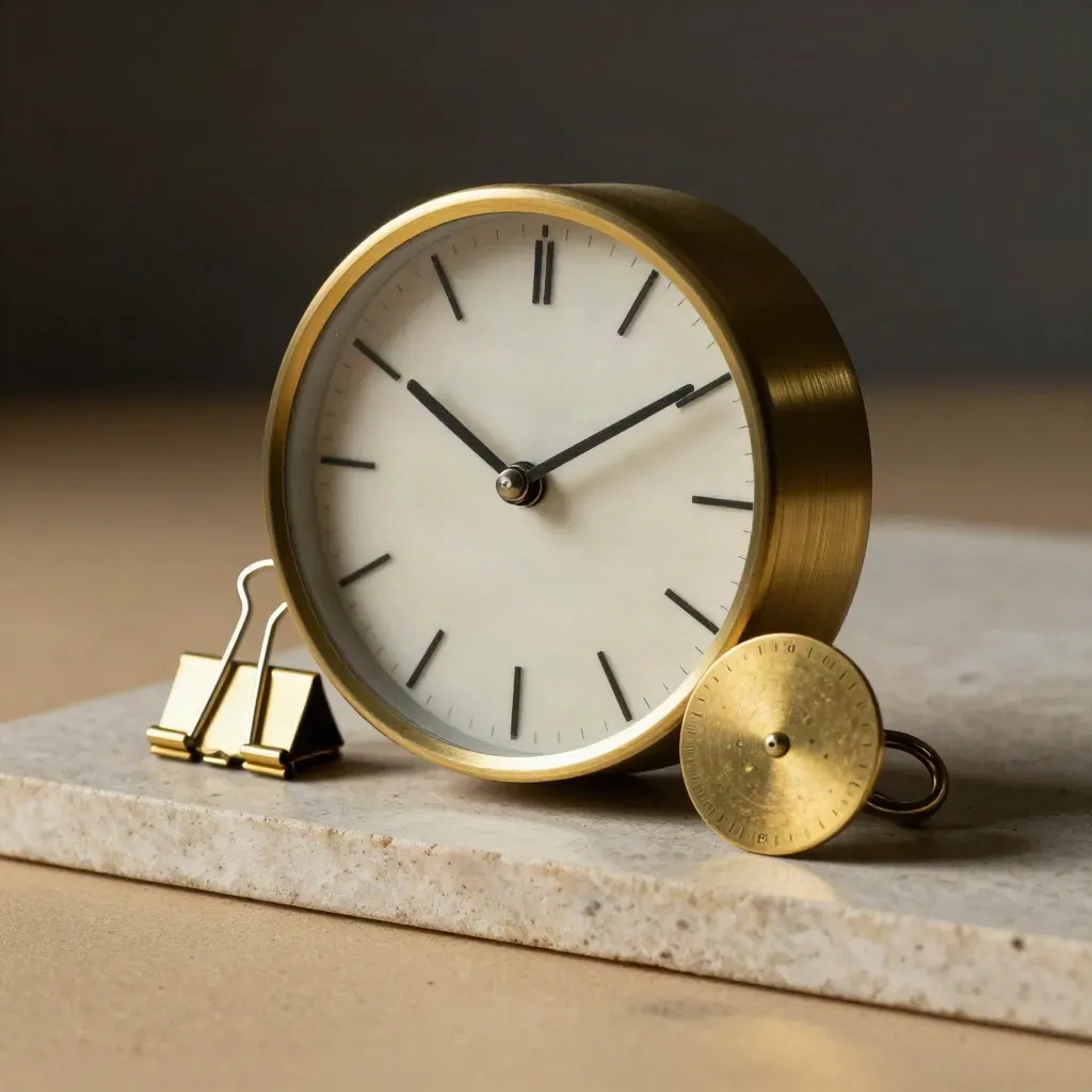 Top-down still life of a quartz clock, brass binder clips, and a timing token on stone.