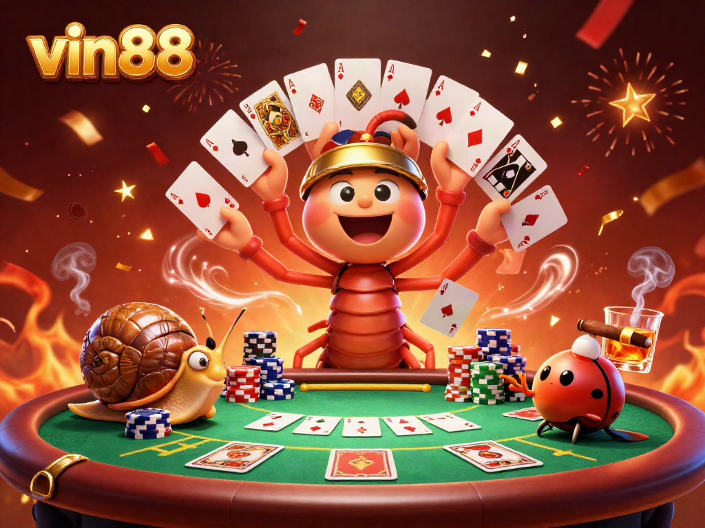 Engage with vin88 in a vibrant casino scene featuring an animated dealer and action-packed poker table.