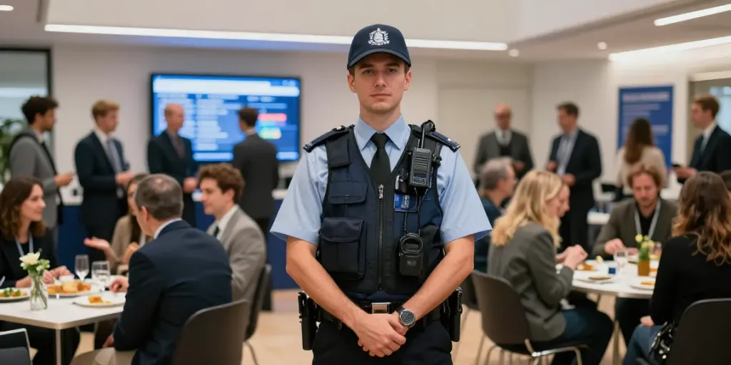 Security Guard ensuring safety at a corporate event in London, showcasing professional local services.