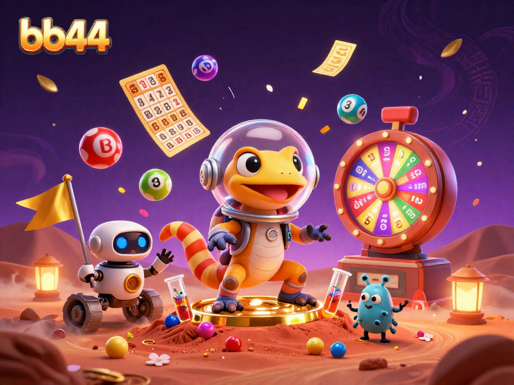 bb44 Casino's Martian gecko explores a golden casino among lottery balls and lively promotions.