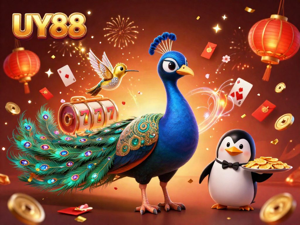 Experience exciting UY88 casino action with a vibrant 3D illustration of a peacock and gaming elements.