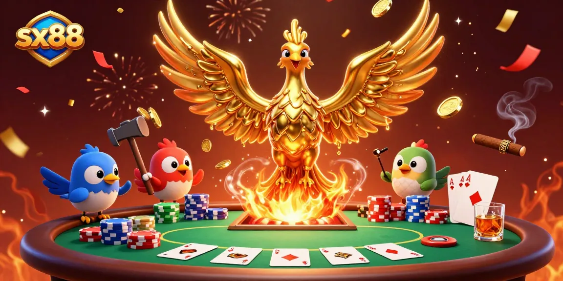 Experience the thrill of sx88 with a dynamic casino scene featuring a molten golden phoenix, poker elements, and rich celebratory effects.