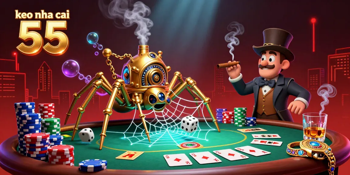 Engage with the thrilling world of keo nha cai 55, featuring a vibrant steampunk spider catching dice amidst ornate poker elements.