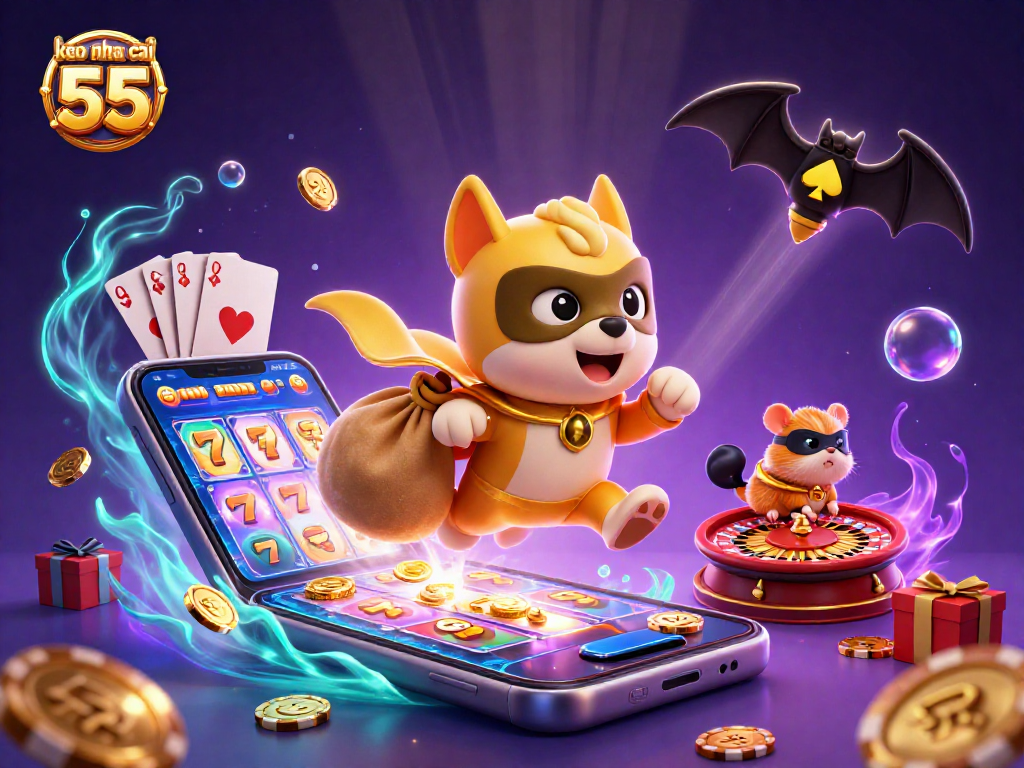 Engage with keo nha cai 55 as a superhero dog soars through a vibrant casino scene.