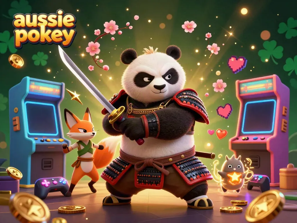 Aussie pokies scene with a samurai panda, ninja fox, and tanuki, surrounded by 3D game elements.