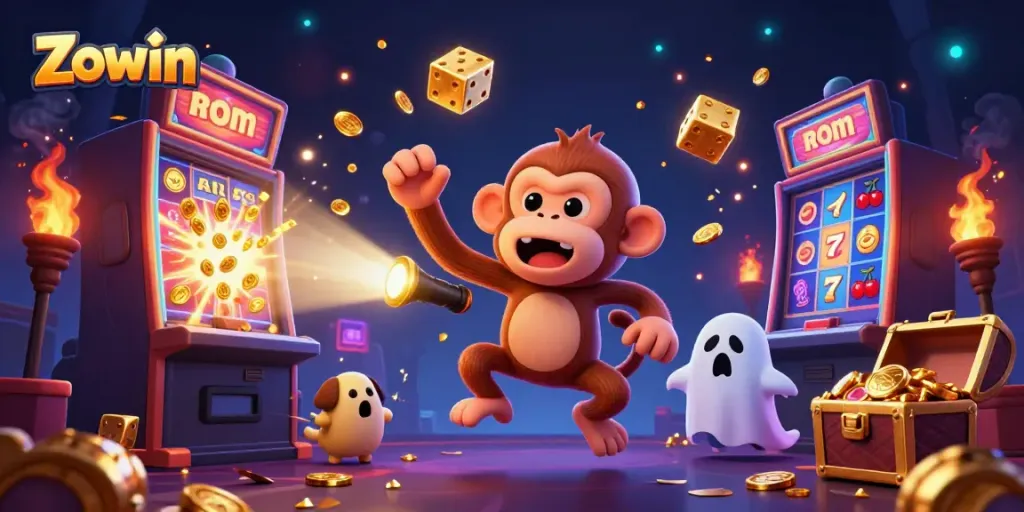 Experience thrilling Zowin adventures with a playful ghostly monkey in a vibrant casino