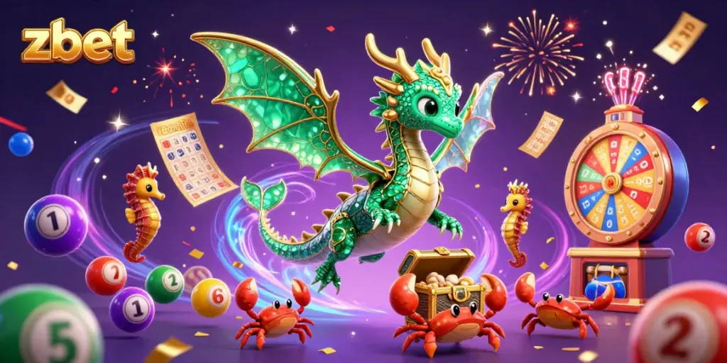 Experience the vibrant zbet scene with a dragon, treasure, and colorful lottery elements.