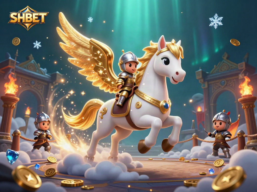 Engage in thrilling gameplay with SHBET's celestial knight and golden horse in a dynamic casino scene.