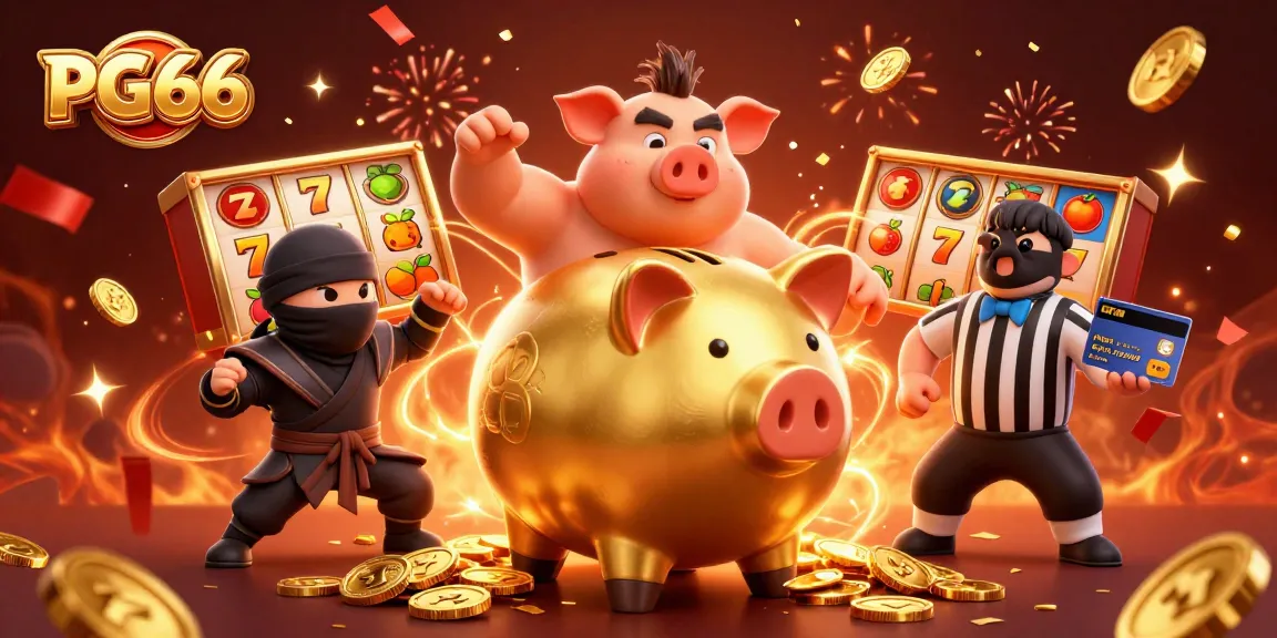Engage in exciting gameplay with PG66's dynamic casino scene featuring gold coins and slot reels.