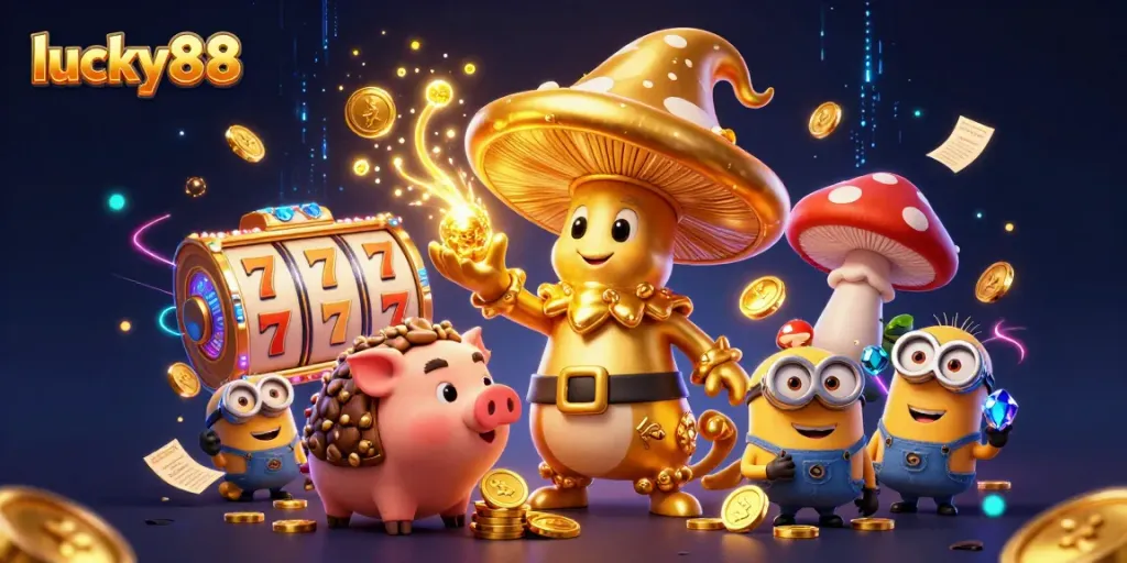 Engage with lucky88 slot magic as a wizard transforms treasures in a vibrant 3D illustration.
