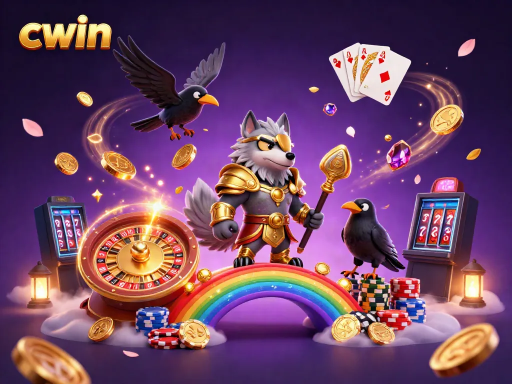 Experience CWIN with an enchanting 3D casino scene featuring Odin and his ravens amidst a vibrant array of gaming elements.