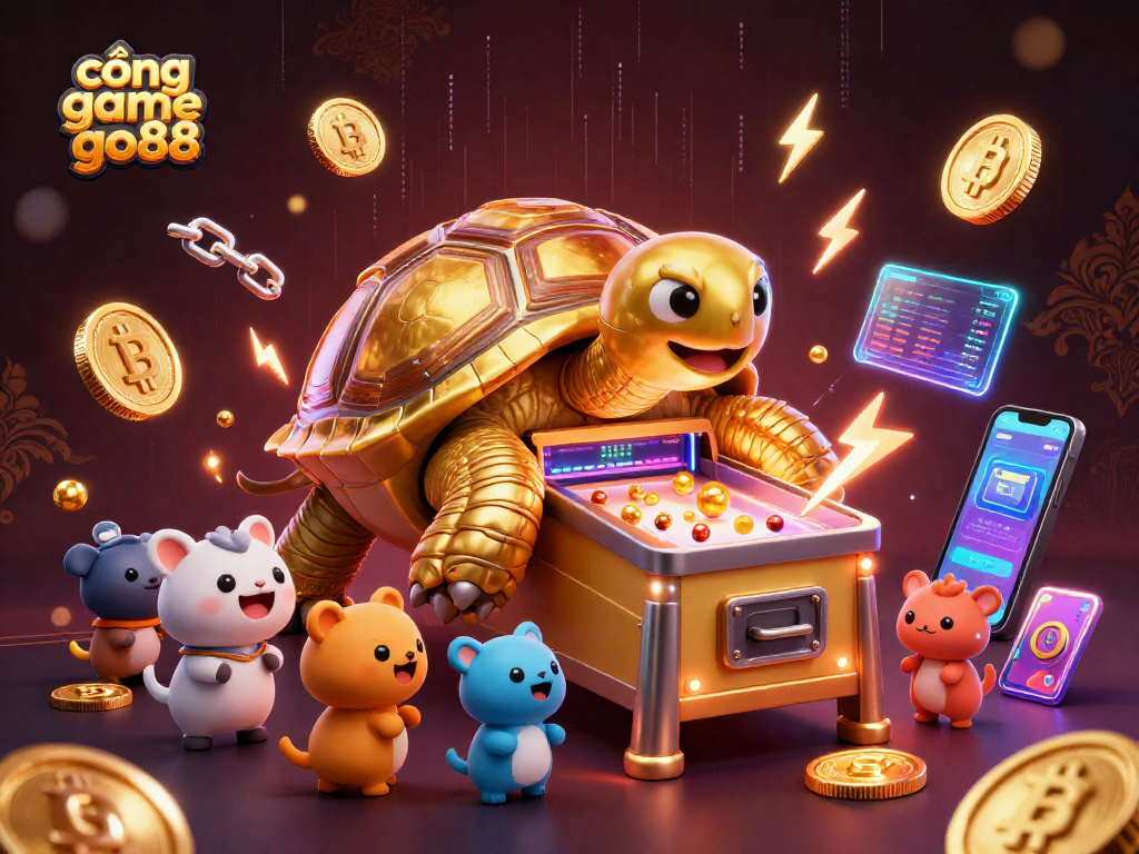 Engage with cổng game go88 through an exciting 3D illustration of a golden tortoise pinball machine in a lively casino scene.