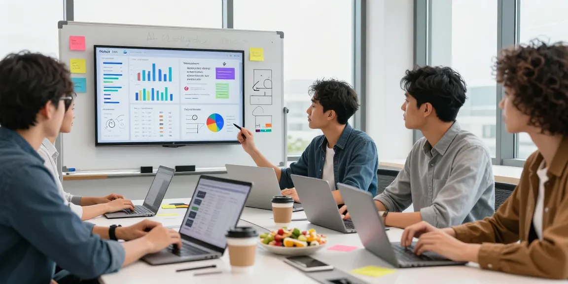 Team strategizing with AI marketing tools in a vibrant office setting, showcasing collaborative effort and creativity.