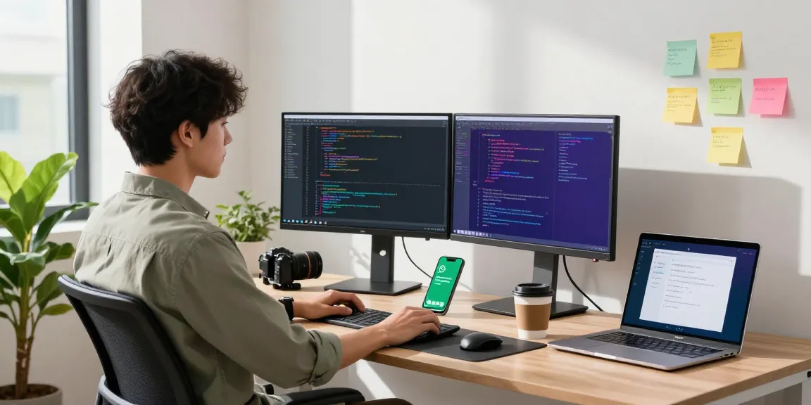 Developer coding with WhatsApp下載 notifications at a modern office desk.
