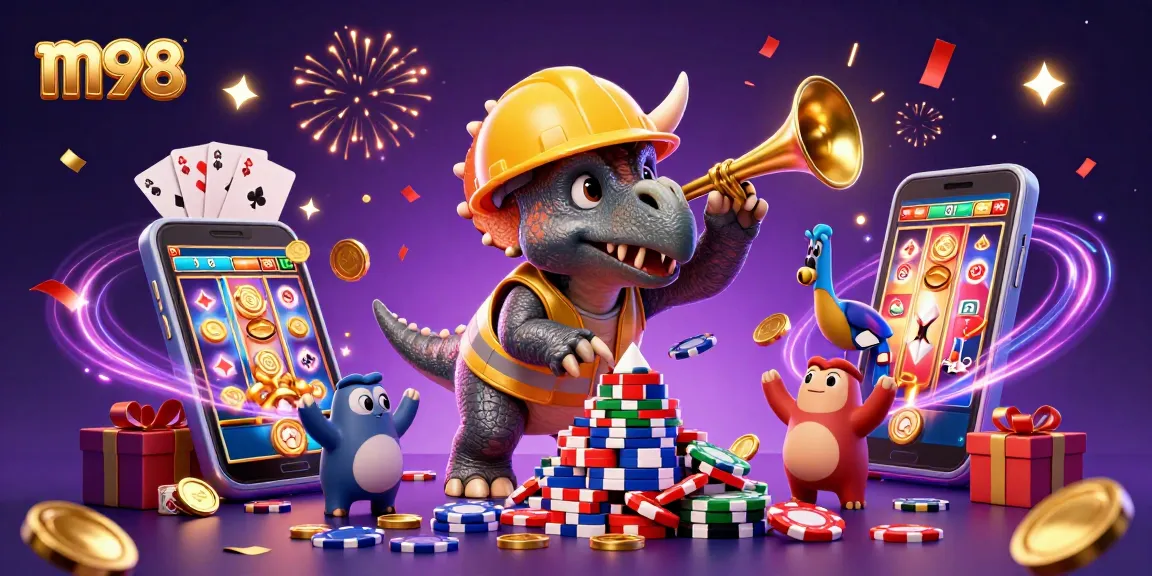 Experience the thrill of m98 as triceratops builds poker chip pyramid in a vibrant casino scene.