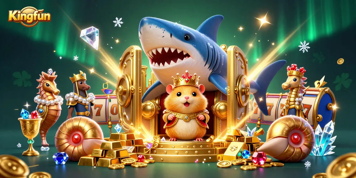 Kingfun evokes excitement with its vibrant casino-themed scene, featuring a fierce golden hamster king and seahorse guards in a treasure-laden environment.