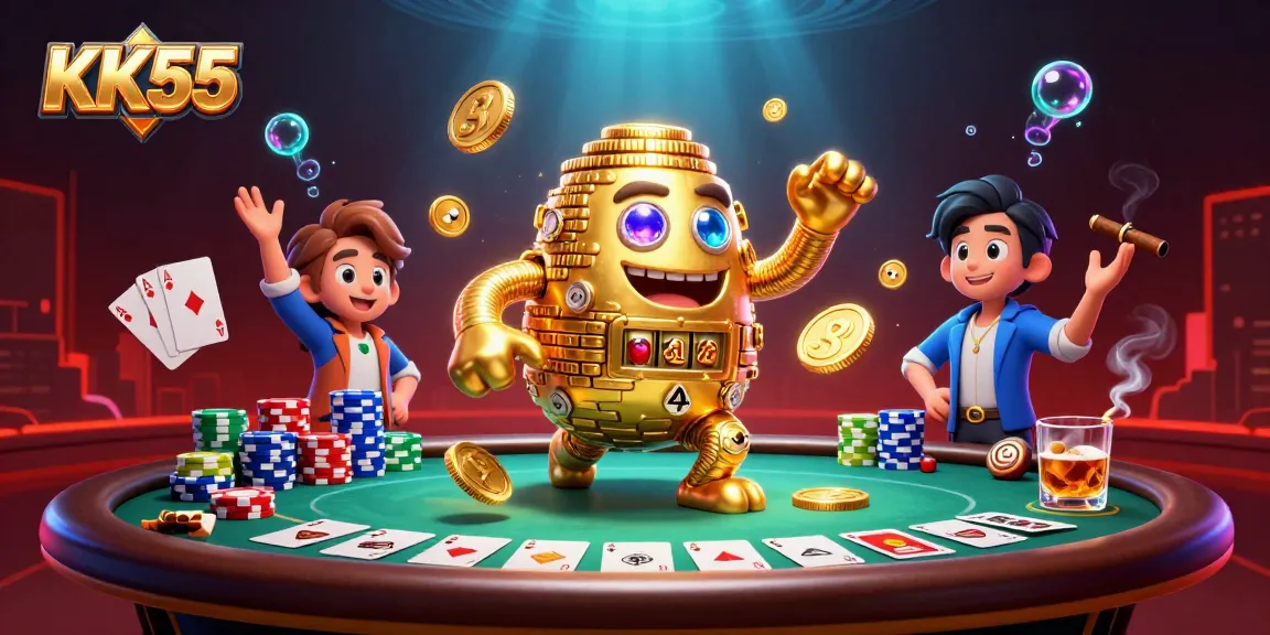 Experience the thrill of KK55 with a vibrant 3D illustration of dynamic casino elements.