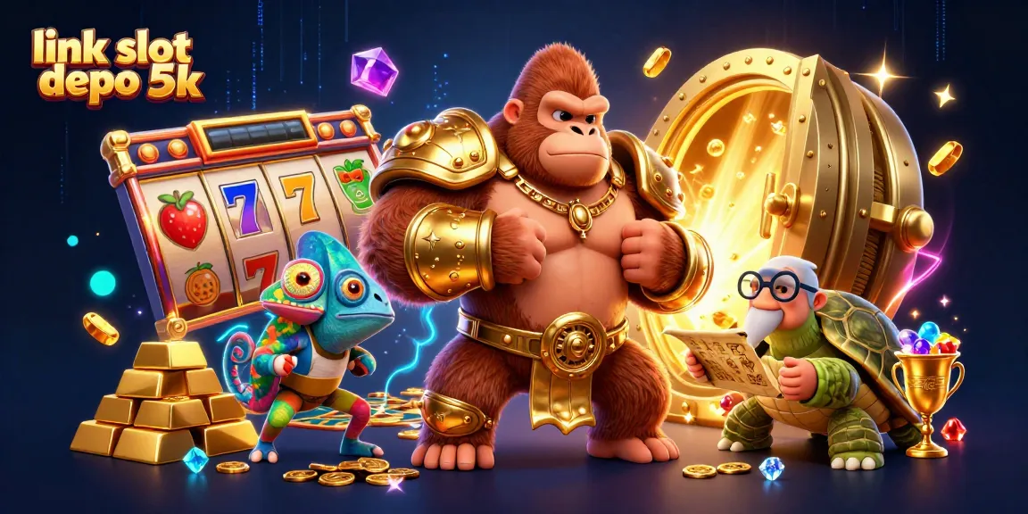Experience excitement with link slot depo 5k as a powerful gorilla king, chameleon, and tortoise amidst vibrant casino elements.