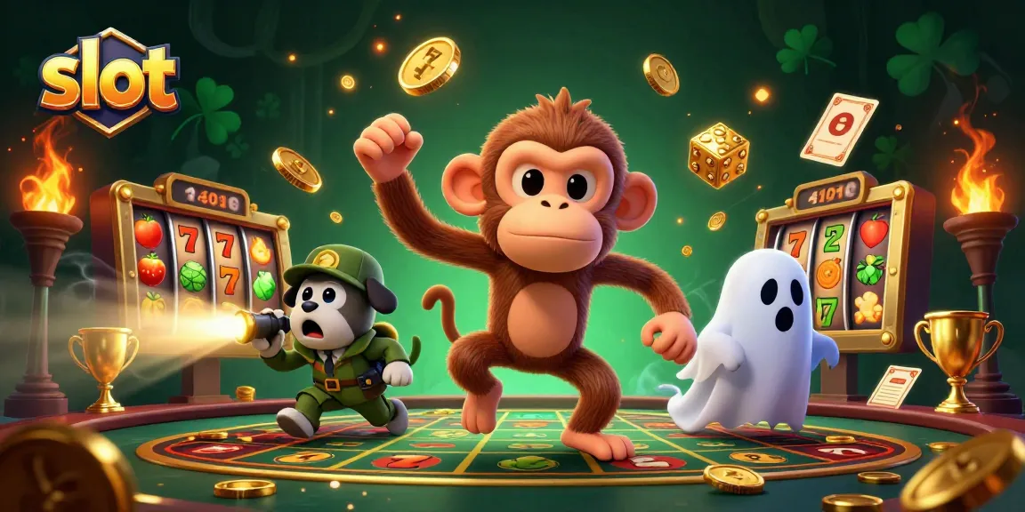 Engage in exciting slot action with a playful poltergeist monkey juggling golden coins in a haunted casino.