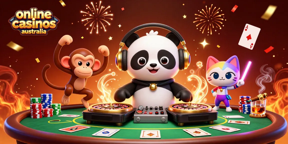 Experience the excitement of online casinos Australia with a lively 3D illustration of a DJ panda and friends.
