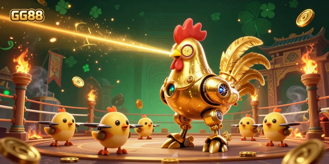 Experience the excitement of GG88 with the golden rooster robot shooting lasers in a vibrant casino scene.