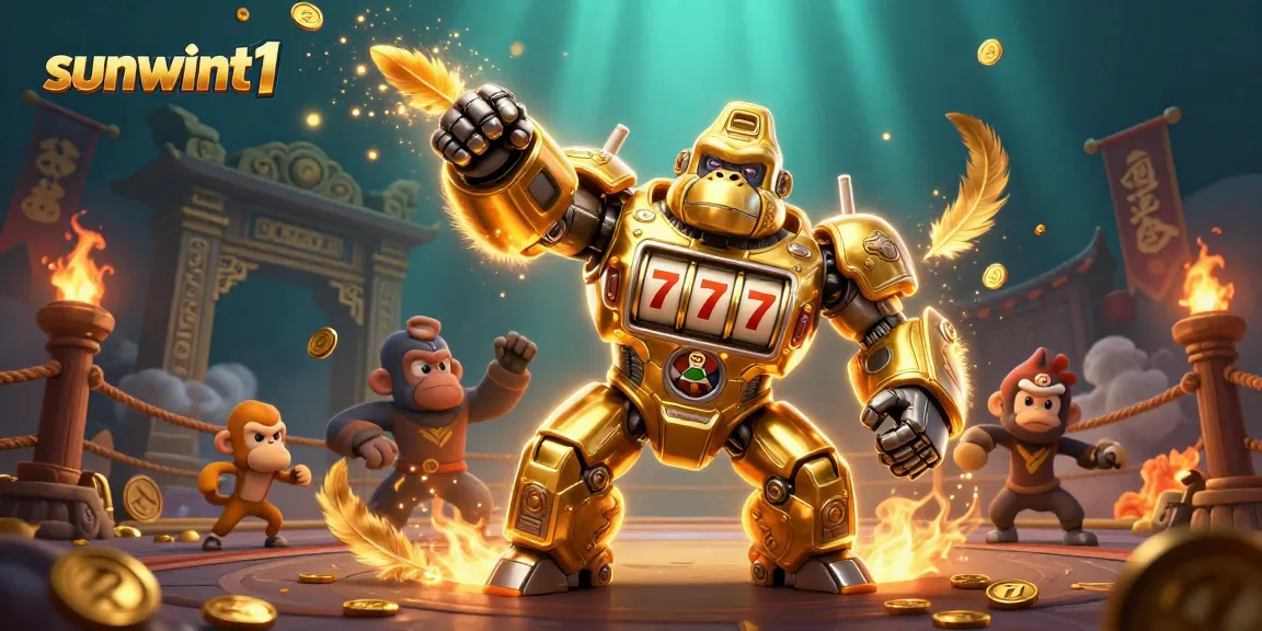 Engage with sunwint1 through thrilling gaming action featuring a golden gorilla mech amidst exciting casino elements.