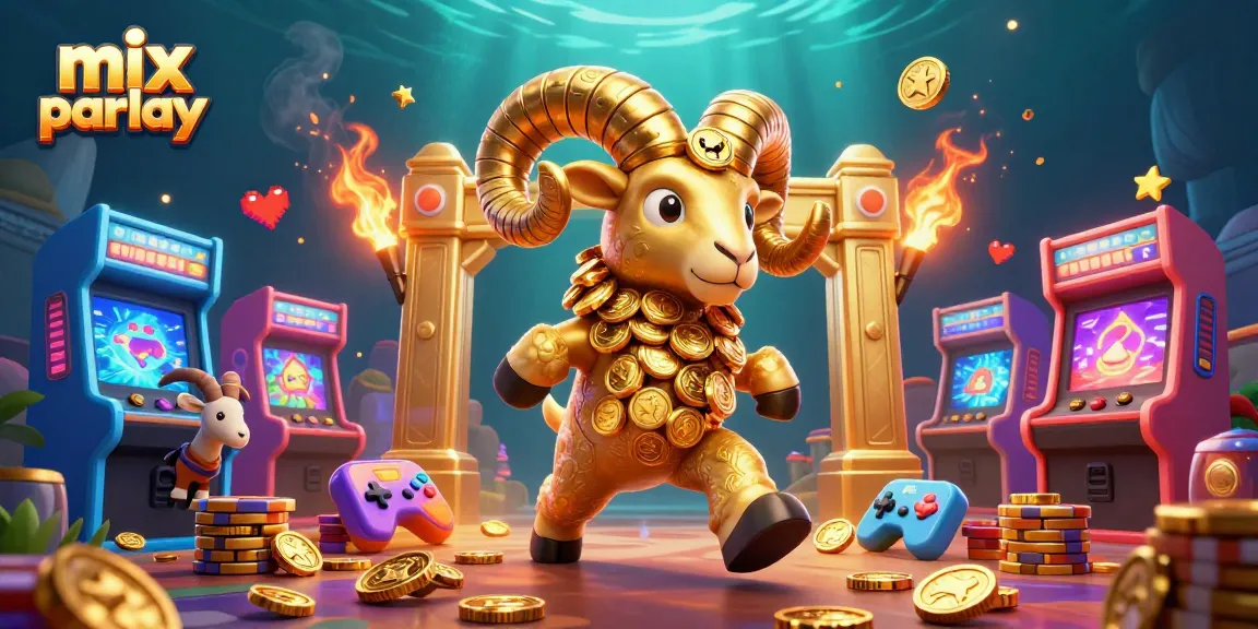Engage in mix parlay betting with a golden ram amidst vibrant casino elements and arcade machines.